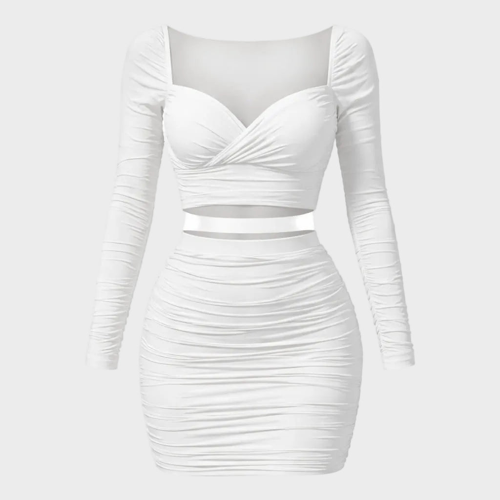 Eliana | Ruched Long Sleeve Top & Mini Skirt Set