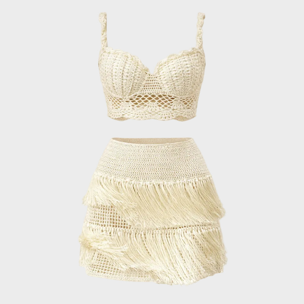 Aurelia | Crochet Crop Top & Fringe Mini Skirt Set