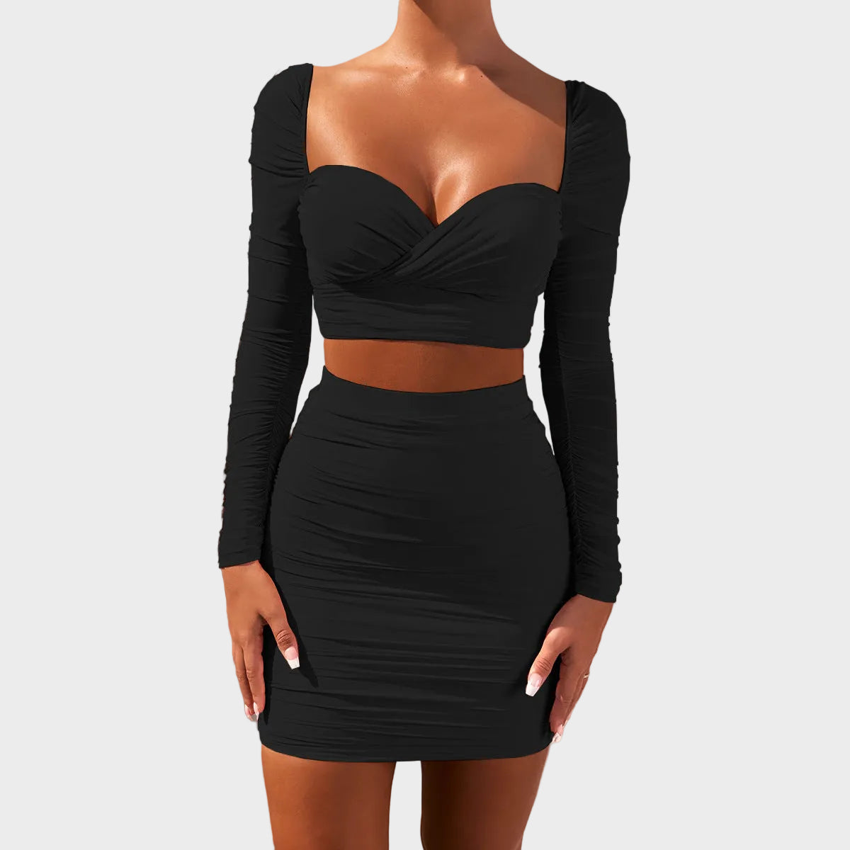 Eliana | Ruched Long Sleeve Top & Mini Skirt Set