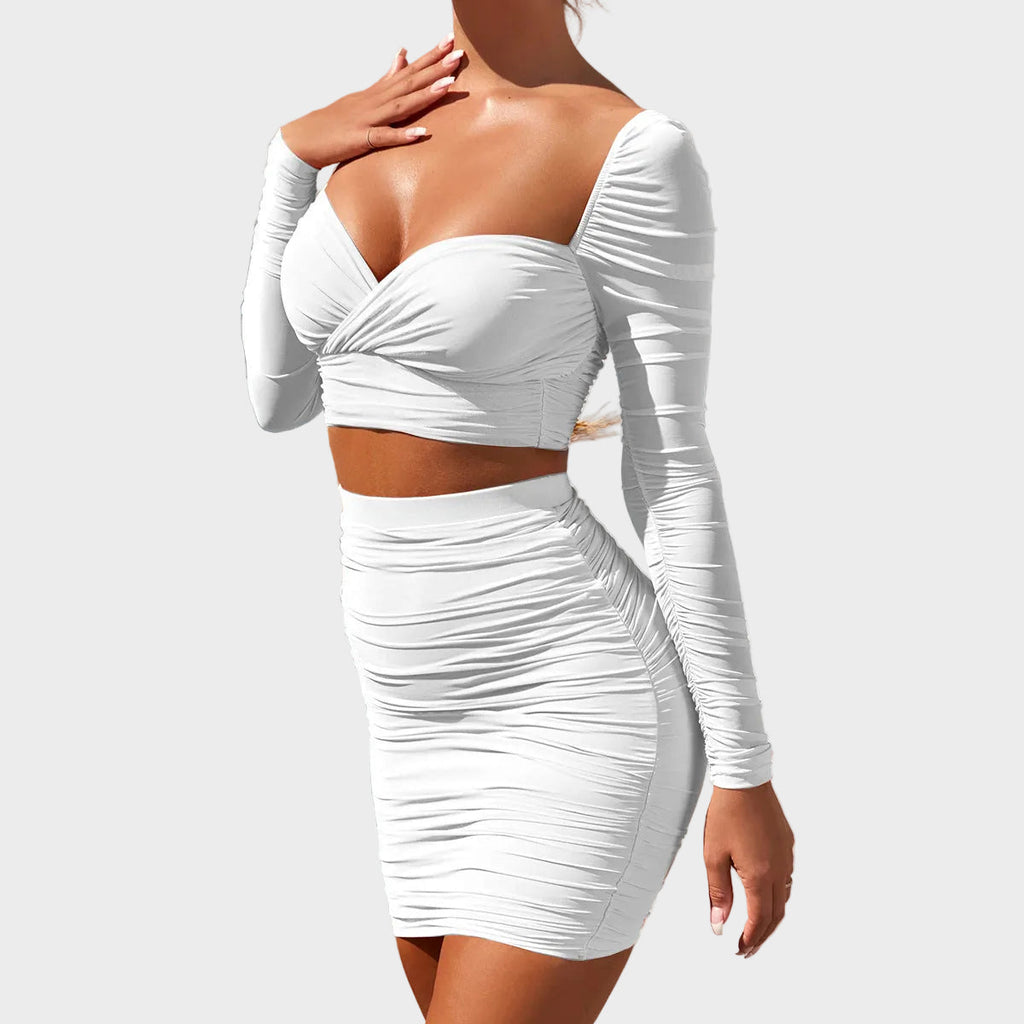 Eliana | Ruched Long Sleeve Top & Mini Skirt Set