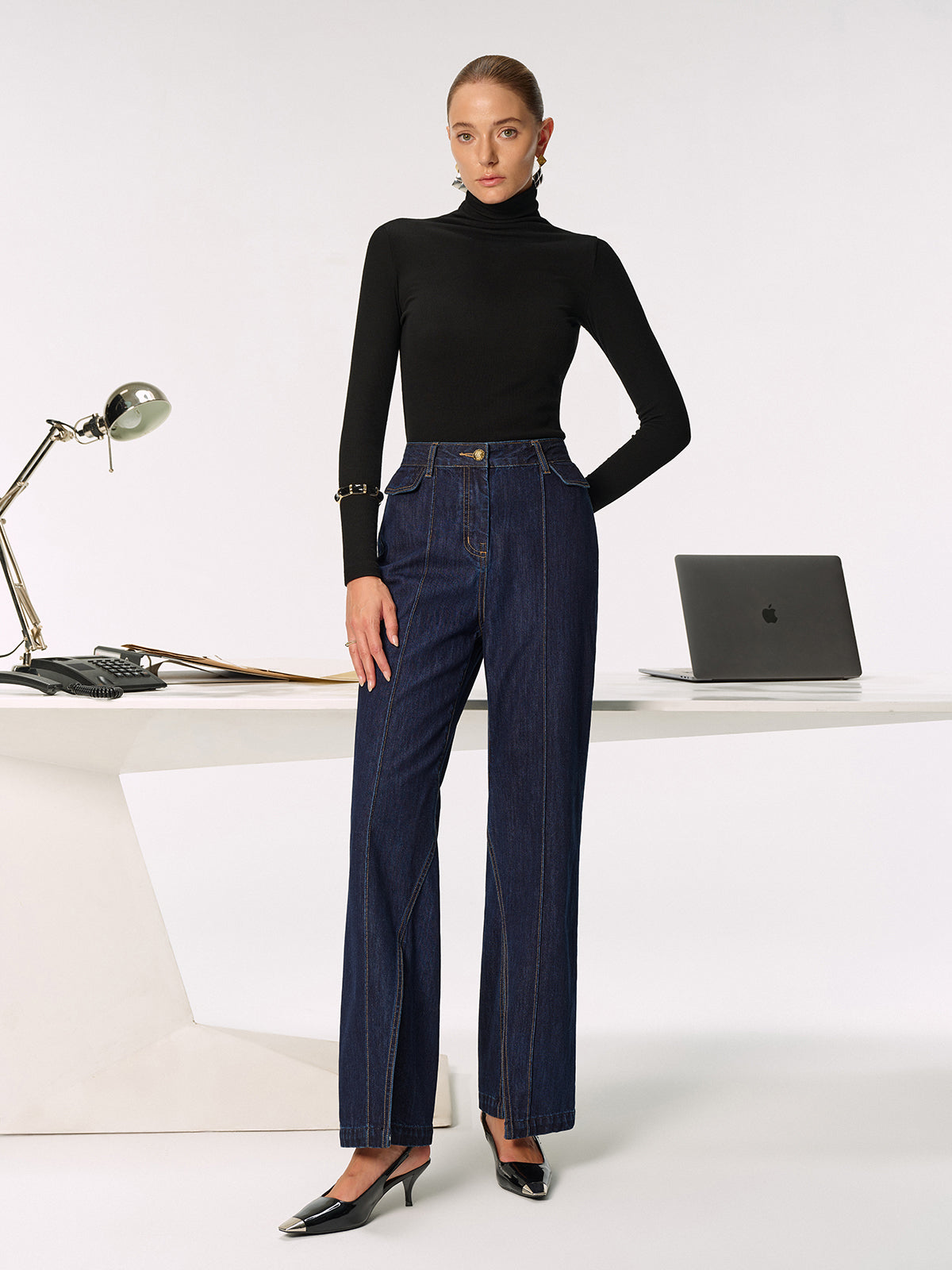 Mid-Waist Slit Denim Jeans