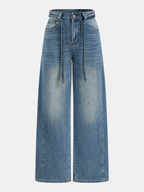 Tie Waist Curved-Leg Denim Pants