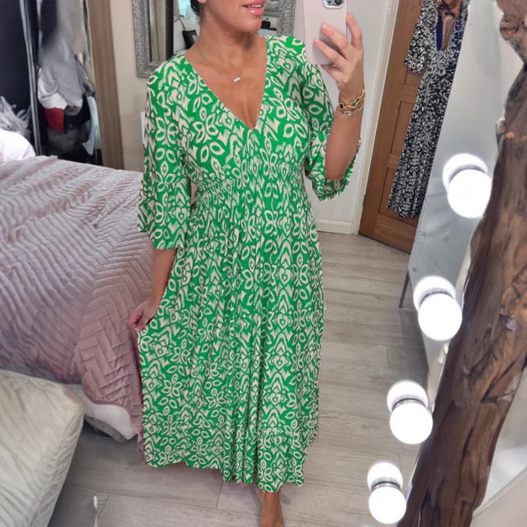 Bohemian Casual Print V-neck Waist Wrap Long Dress