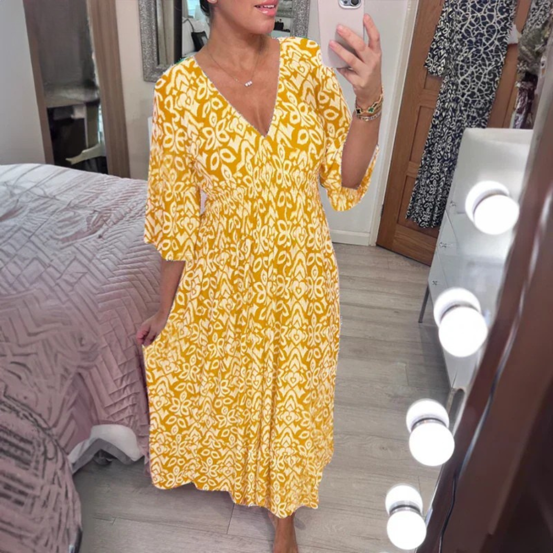 Bohemian Casual Print V-neck Waist Wrap Long Dress
