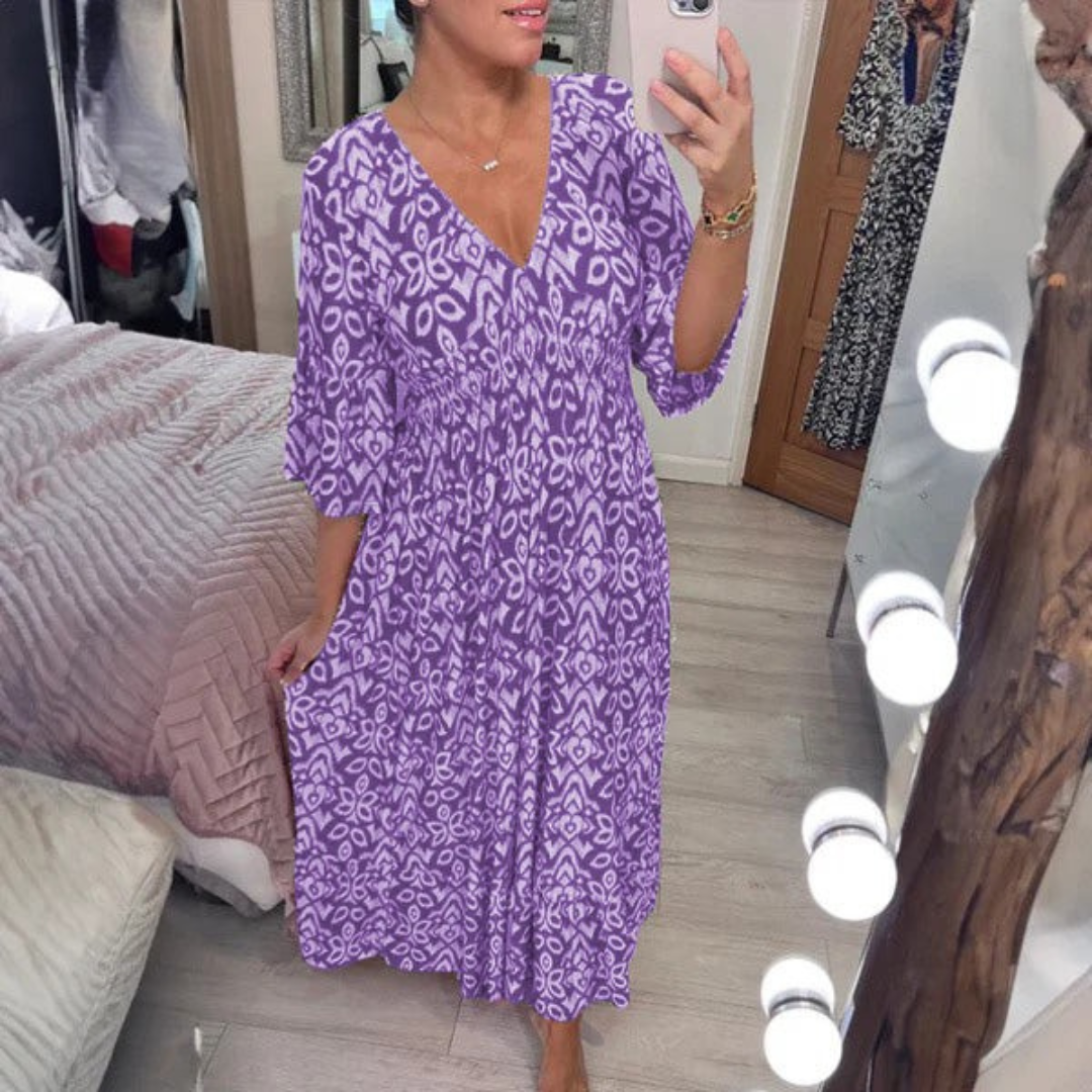 Bohemian Casual Print V-neck Waist Wrap Long Dress