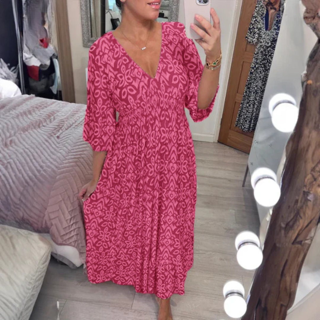 Bohemian Casual Print V-neck Waist Wrap Long Dress