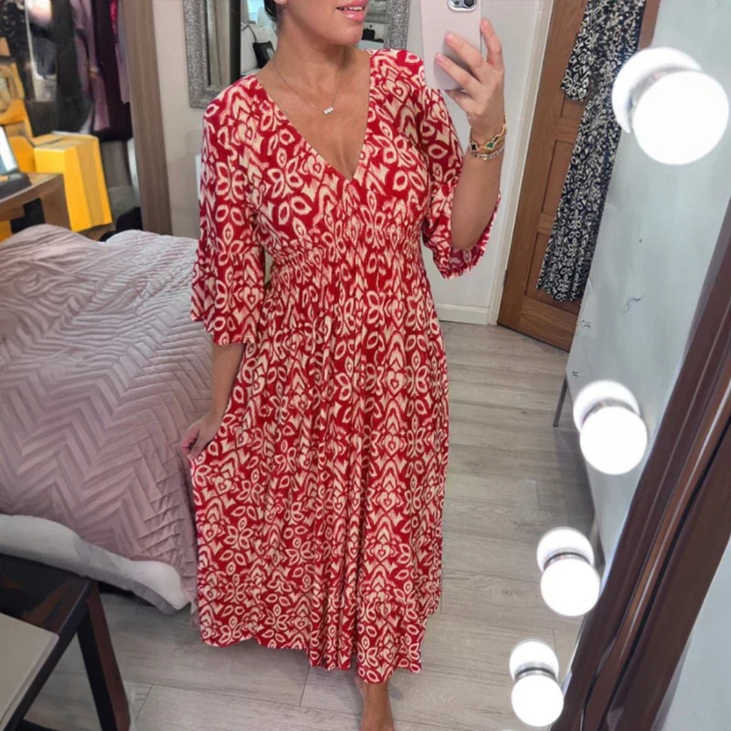 Bohemian Casual Print V-neck Waist Wrap Long Dress